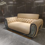 Luxury Cream Leather 1~4 Seater Sofa with Hand-Tufted Detailing, Marble Accents & Gold Stainless Steel Base